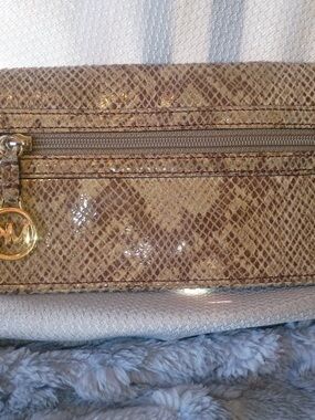 Michael Kors Tan Snake-Embossed Wristlet with Gold MK Charm
